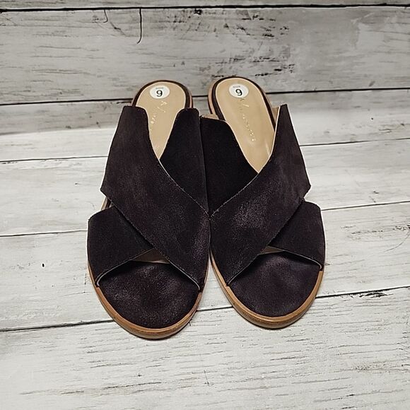 Anthropologie Criss-Cross Brown Suede Block Heel Slip-on Sandals Mules Sz 9 - Picture 9 of 10